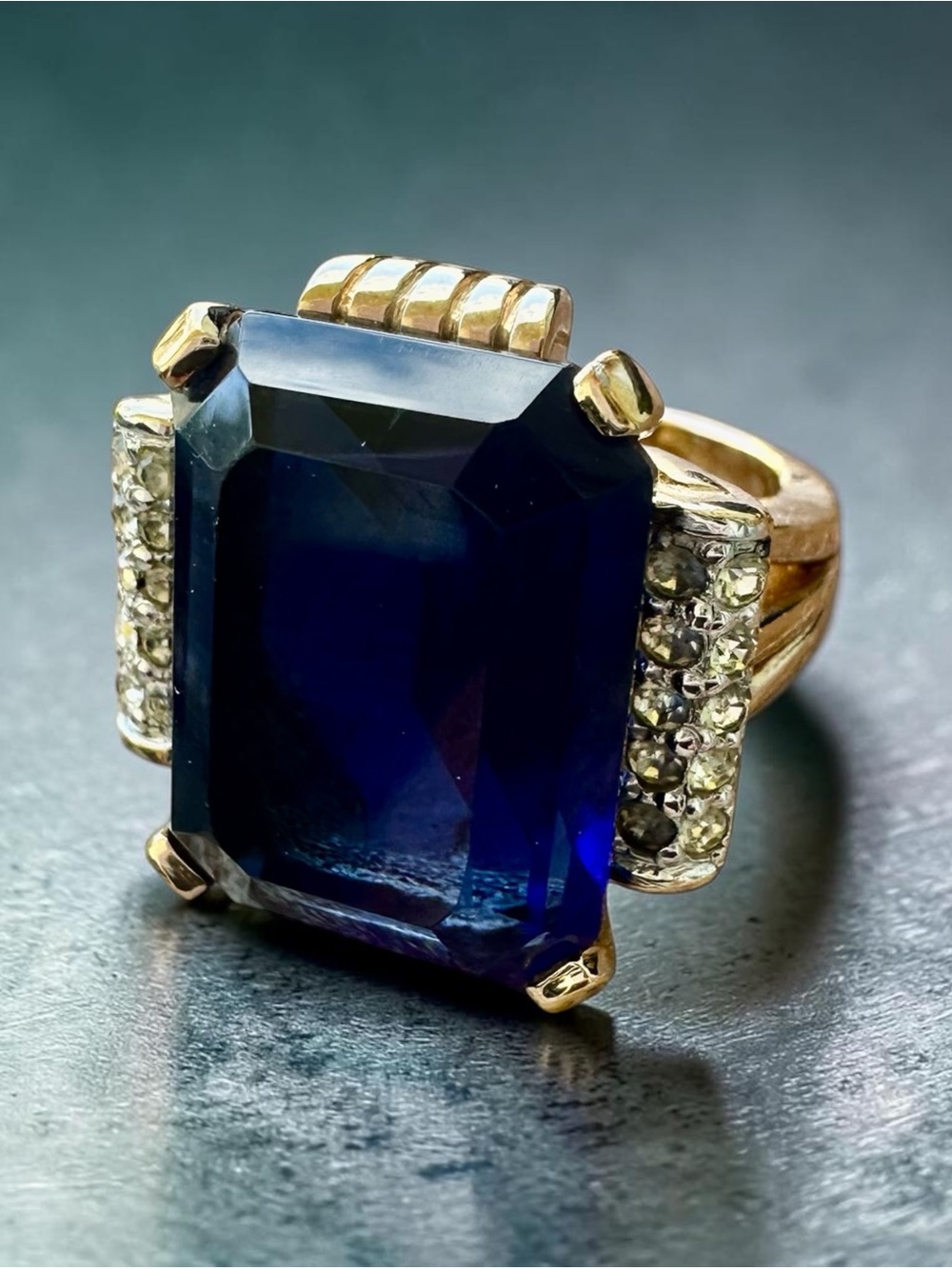 Vintage 14K Gold Over Sterling Silver Sapphire Statement Ring size 6.5